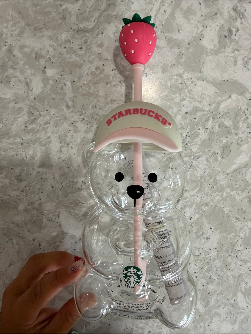 Starbucks Clear Bear Shaped Cup with Pink Straw and Strawberry Top